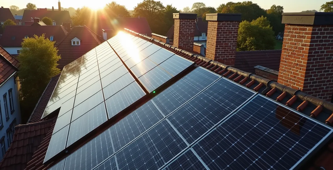 Altbaudach komplett mit Photovoltaikmodulen ausgestattet aus der Vogelperspektive