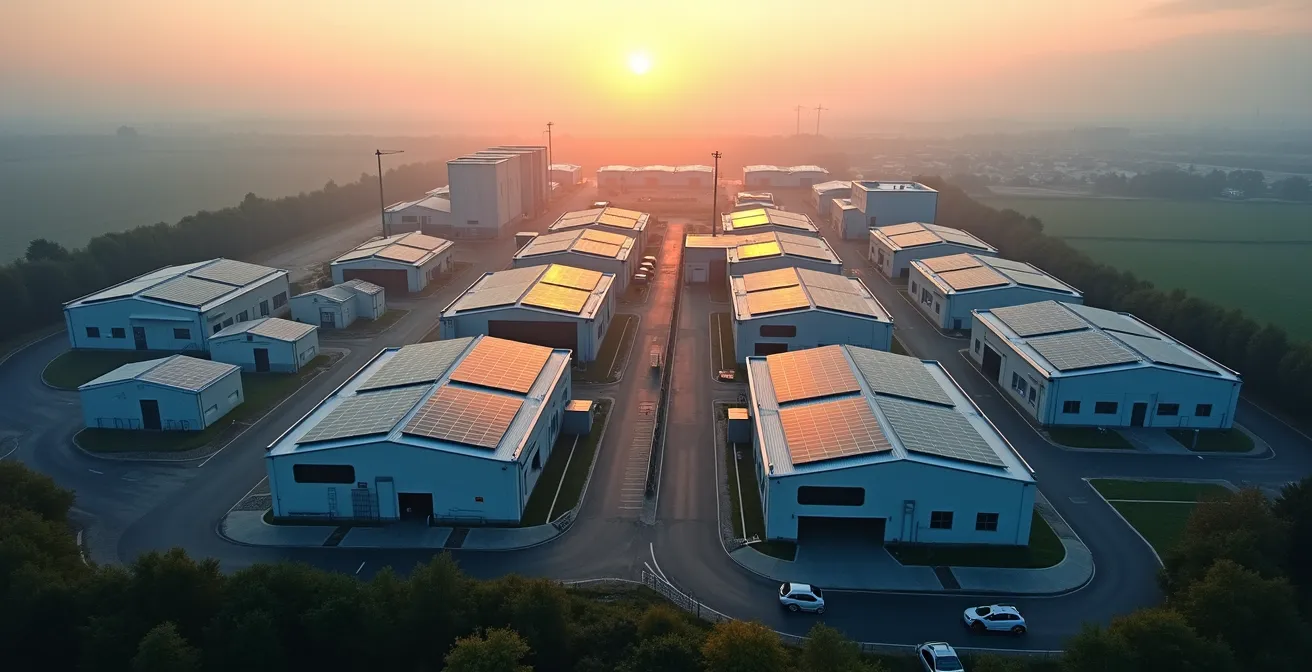 Luftaufnahme eines modernen Gewerbeparks mit vernetzter Energieinfrastruktur