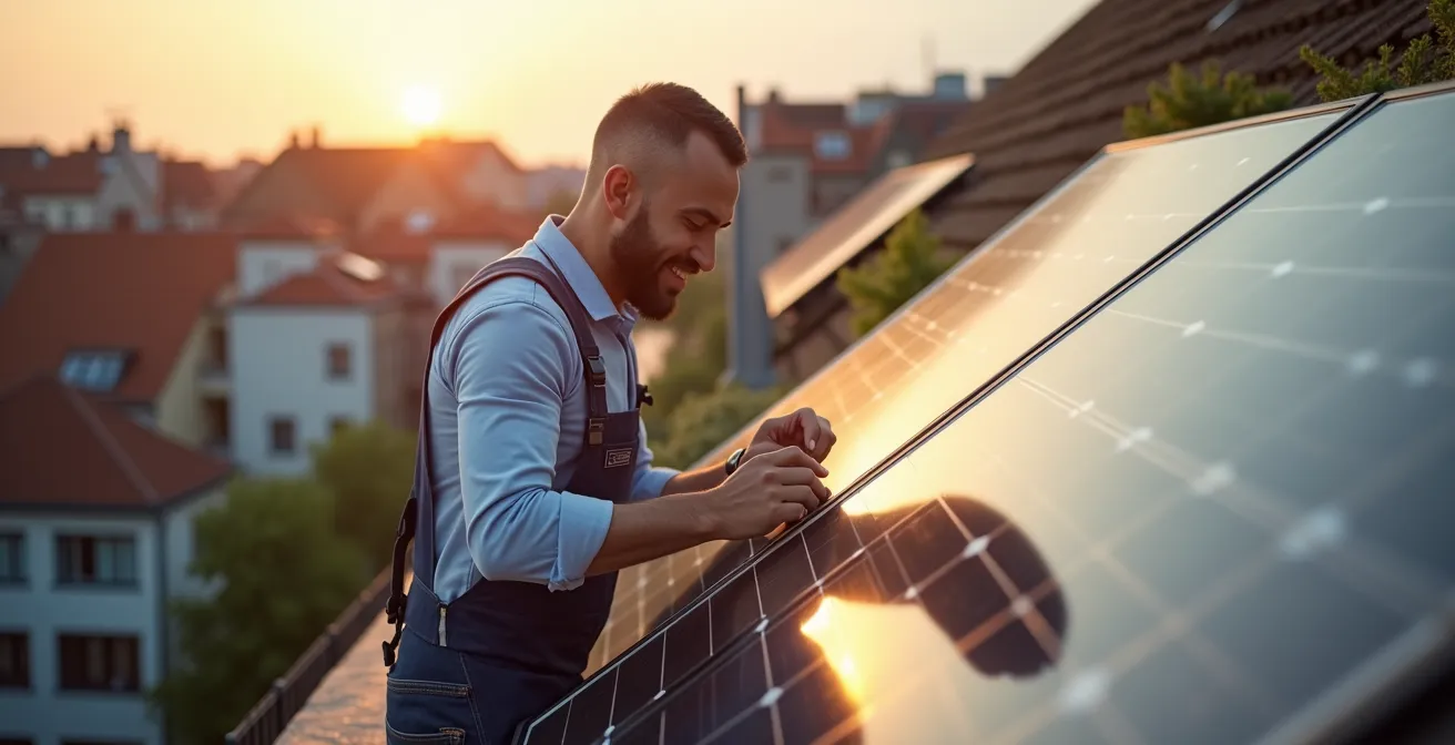 Eine Person installiert Sonnenkollektoren am Geländer eines Stadtbalkons, mit einer deutschen Stadtkulisse im unscharfen Hintergrund.