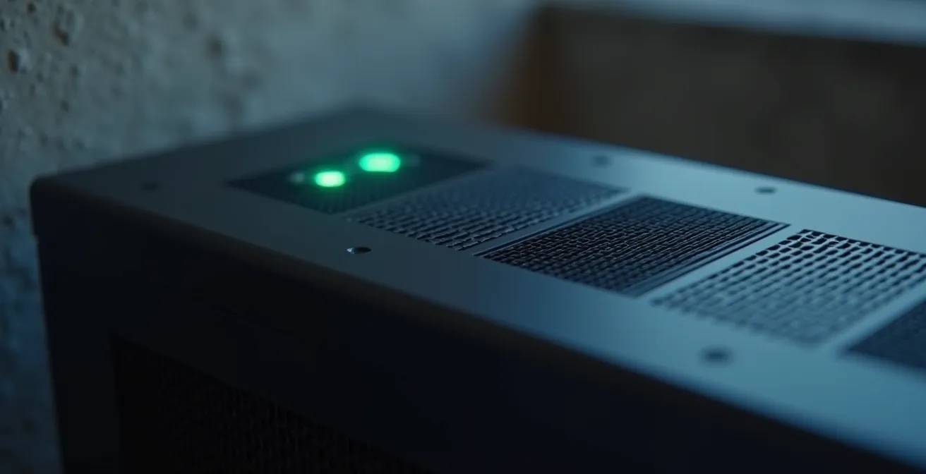 Nahaufnahme eines modernen Batteriespeichers mit Statusanzeige in einem deutschen Keller