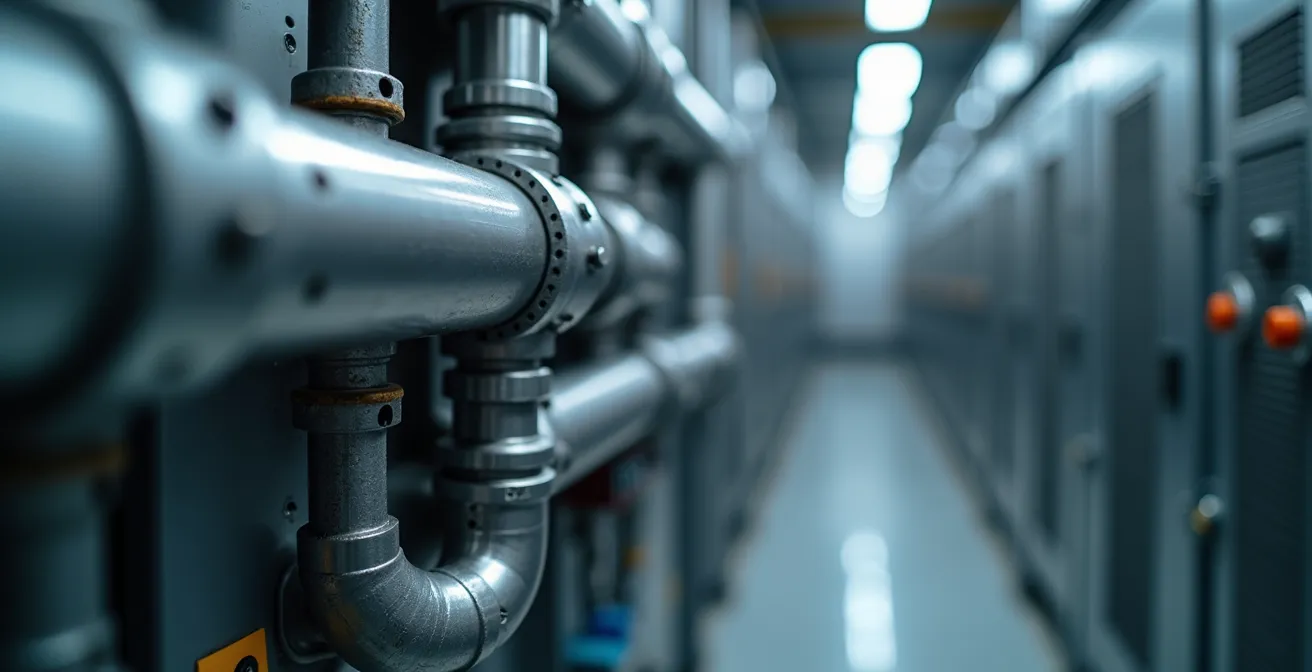 Nahaufnahme eines modernen BHKW-Systems neben PV-Wechselrichtern in einem Technikraum