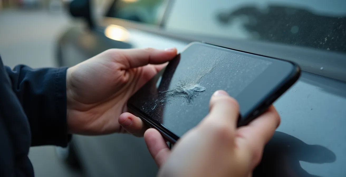 Detailaufnahme einer Hand mit Smartphone dokumentiert kleine Delle am Fahrzeug