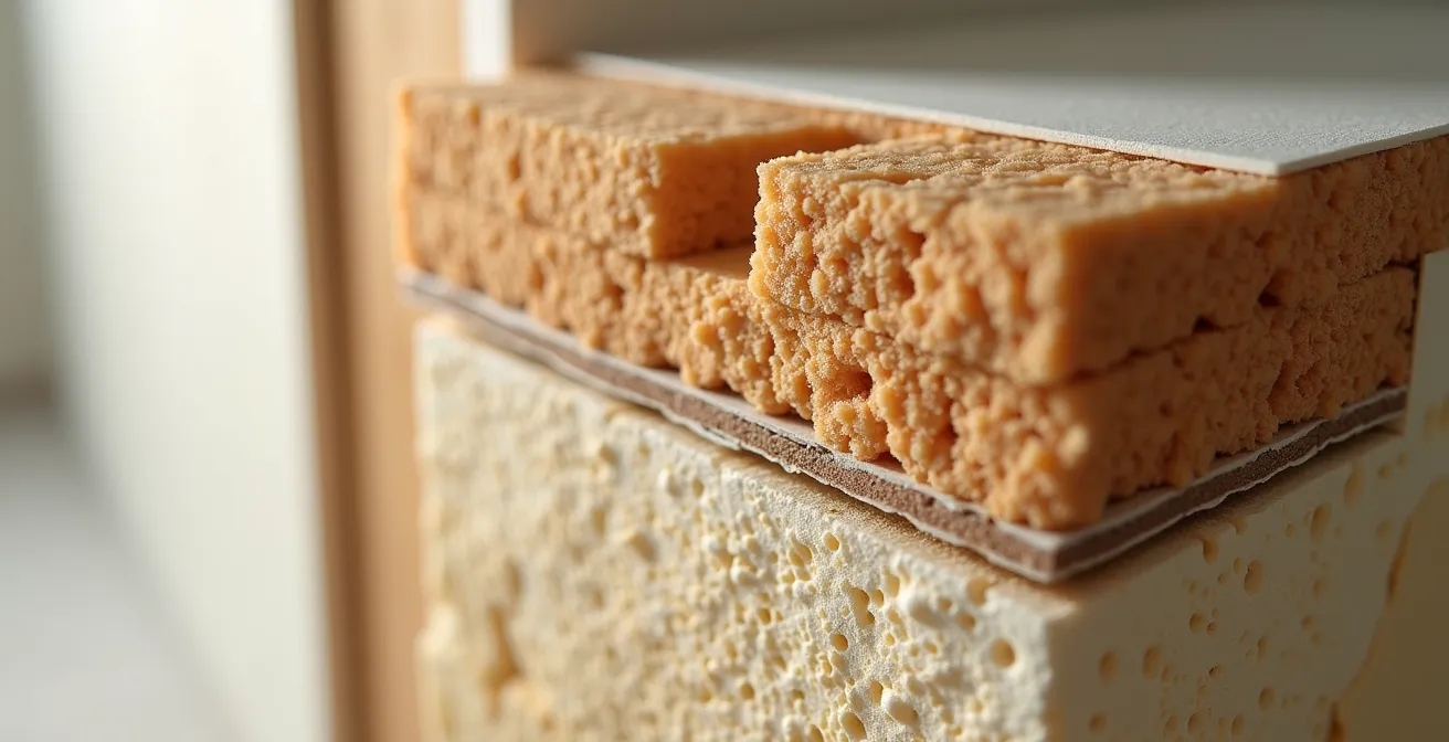 Detailaufnahme eines diffusionsoffenen Wandaufbaus mit Holzfaserdämmung