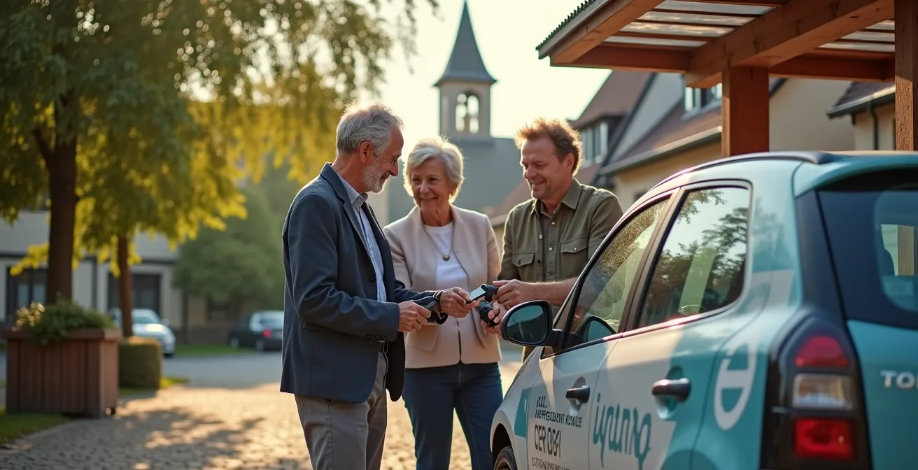 Dorfplatz mit E-Carsharing-Station und Solardach in ländlicher Umgebung