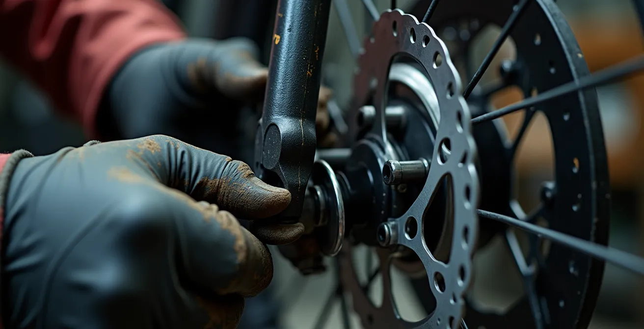 Detailaufnahme der Bremsenwartung an einem E-Lastenrad