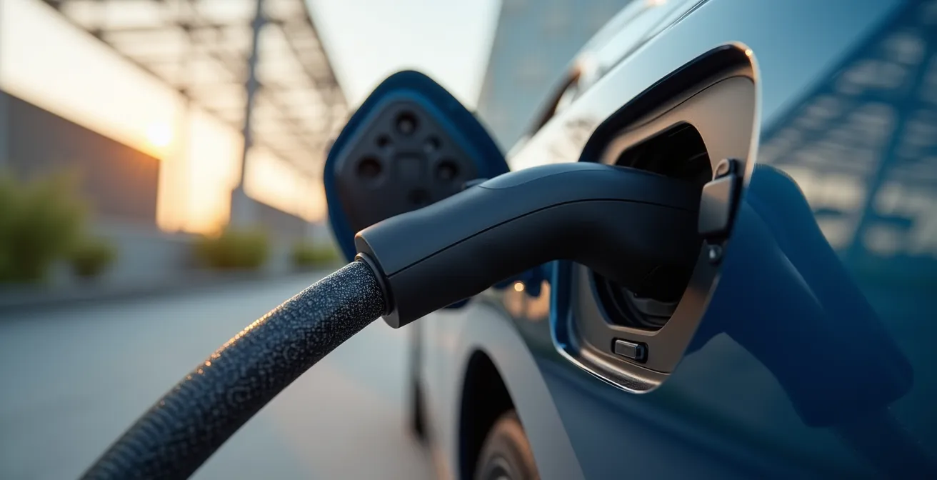 Ein modernes Elektroauto wird an einer Ladestation auf einem Firmenparkplatz mit Solar-Überdachung aufgeladen.