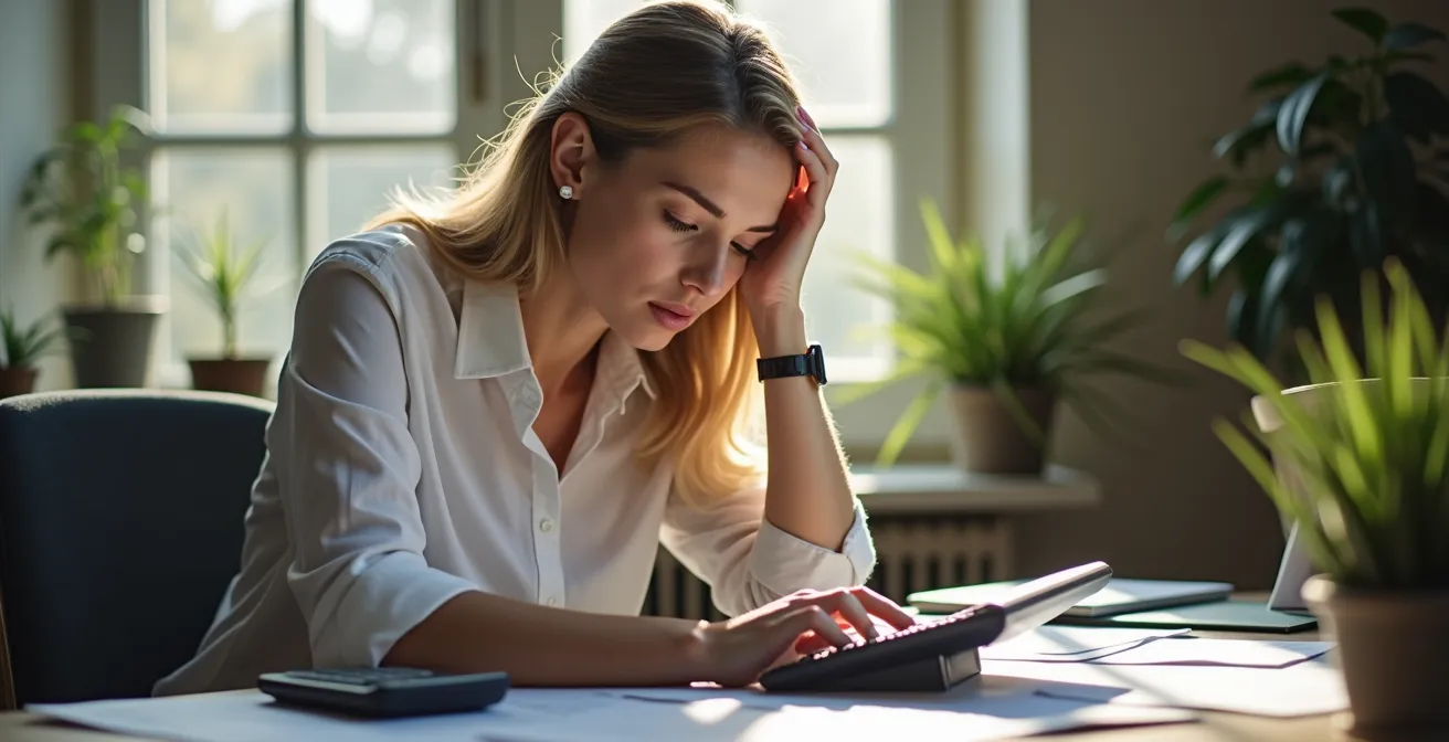 Geschäftsperson analysiert Steueroptionen für Deutschlandticket mit Taschenrechner und Dokumenten