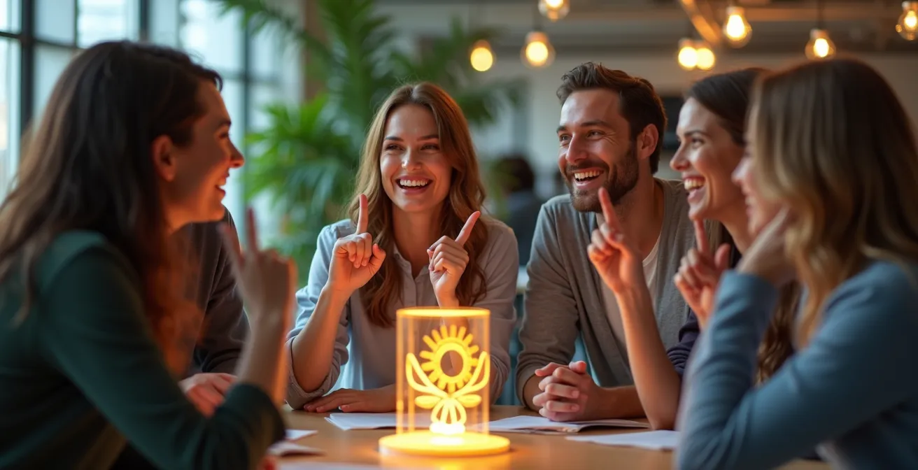 Mitarbeiter feiern gemeinsam erreichte Energiesparziele in modernem Büro