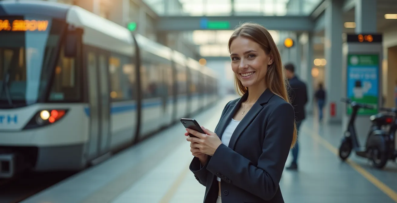 Geschäftsperson nutzt eine Mobilitäts-App auf dem Smartphone, während im Hintergrund unscharf verschiedene Verkehrsmittel wie ein Zug und ein E-Scooter zu sehen sind.