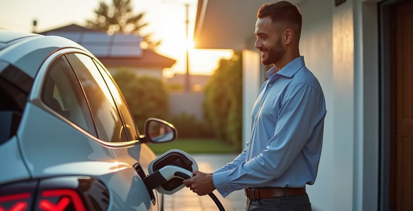 Mitarbeiter lädt E-Dienstwagen an heimischer Wallbox mit Photovoltaikanlage