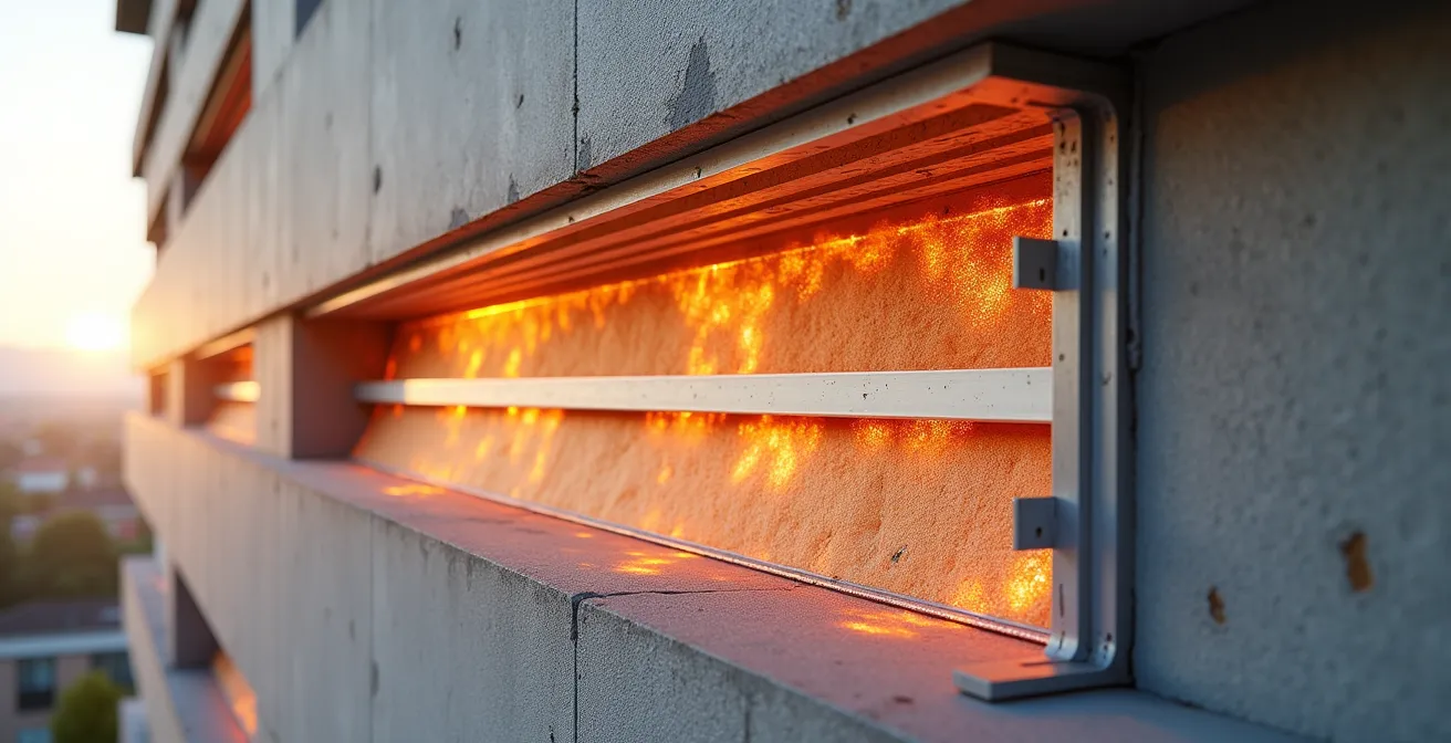 Technischer Querschnitt einer hinterlüfteten Photovoltaik-Fassade, der die Luftströmung zwischen Wand und Solarmodul zeigt.