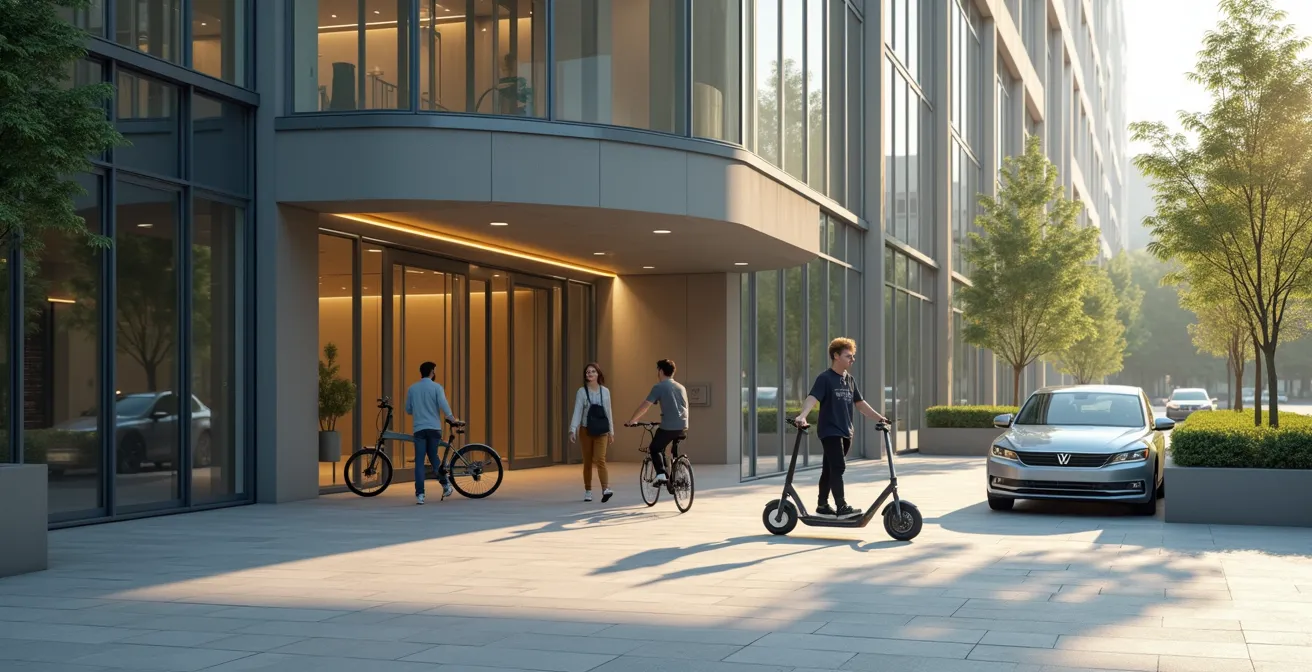 Eine diverse Gruppe junger Berufstätiger kommt mit verschiedenen Verkehrsmitteln wie Faltrad und E-Scooter an einem modernen Bürogebäude an.