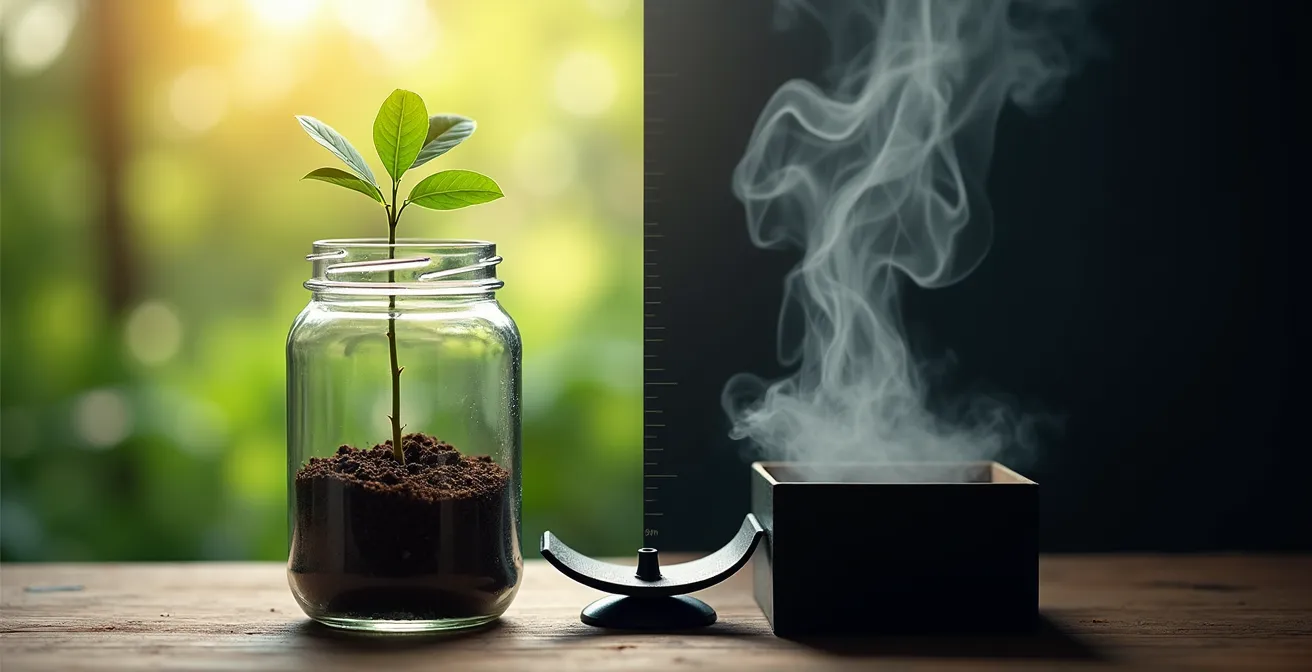 Symbolischer Vergleich zwischen transparentem Waldschutzprojekt und undurchsichtiger Kompensation