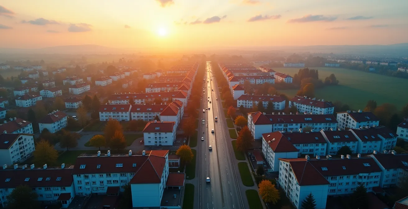 Luftaufnahme einer deutschen Stadt mit farblich markierten Wärmeplanungszonen