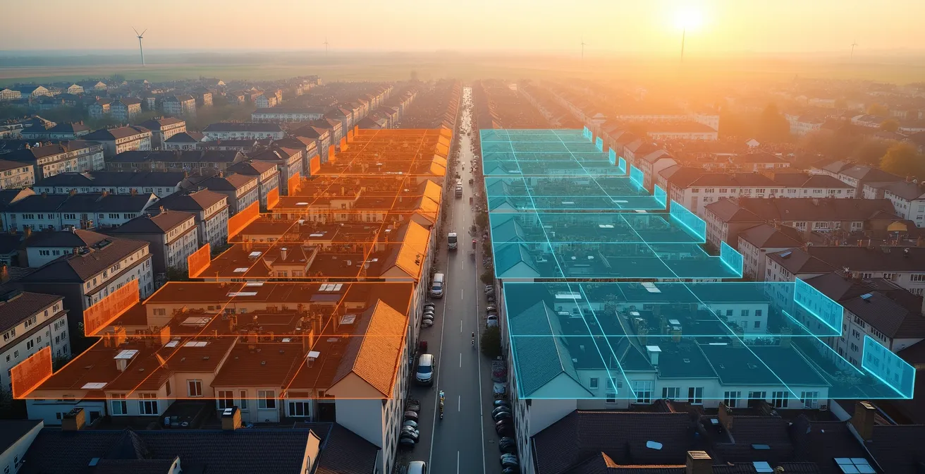 Digitale Stadtkarte zeigt verschiedene Wärmeversorgungsgebiete in deutschen Kommunen mit farblicher Kennzeichnung