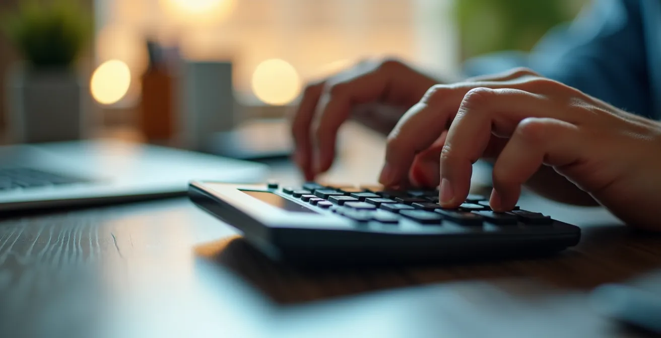 Buchhalter arbeitet konzentriert an Lohnabrechnungen mit Taschenrechner