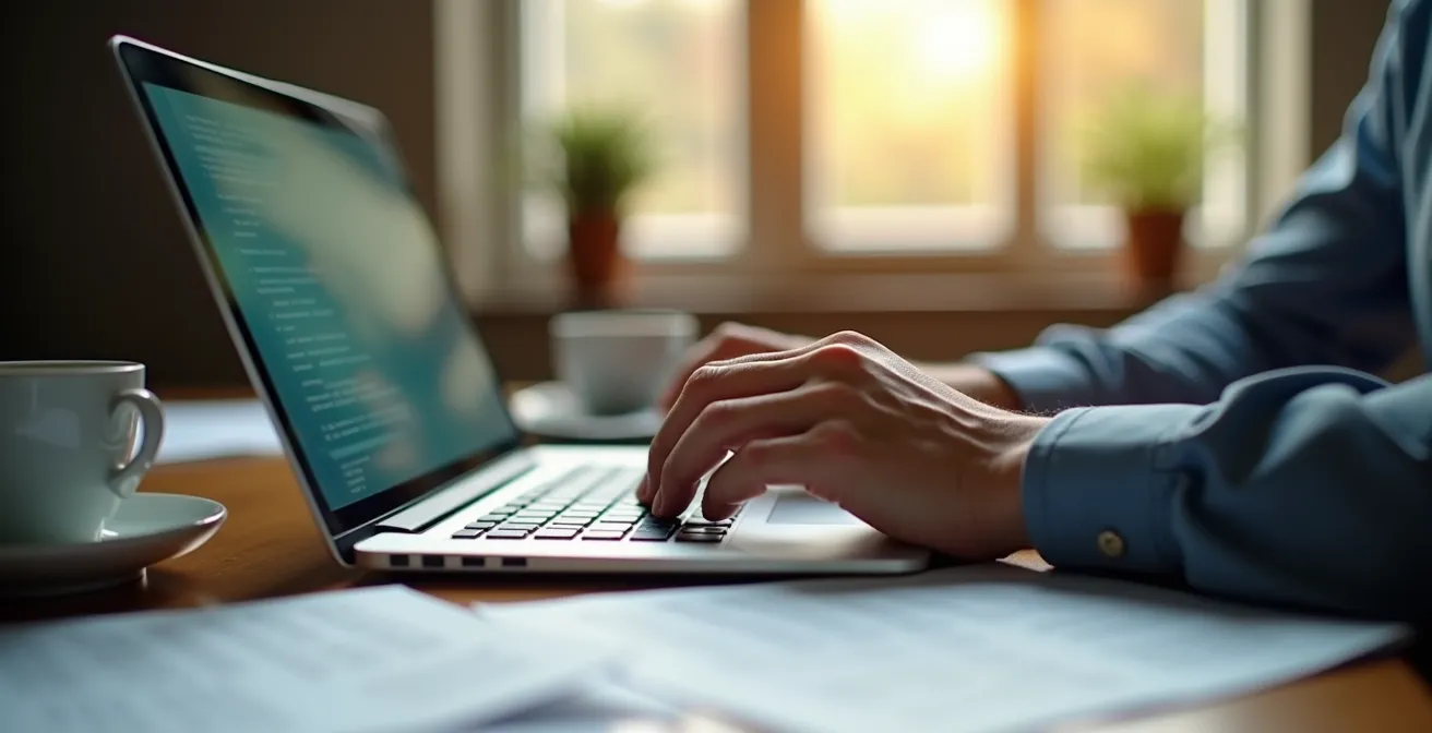 Nahaufnahme von Händen bei der Online-Registrierung eines Balkonkraftwerks am Laptop