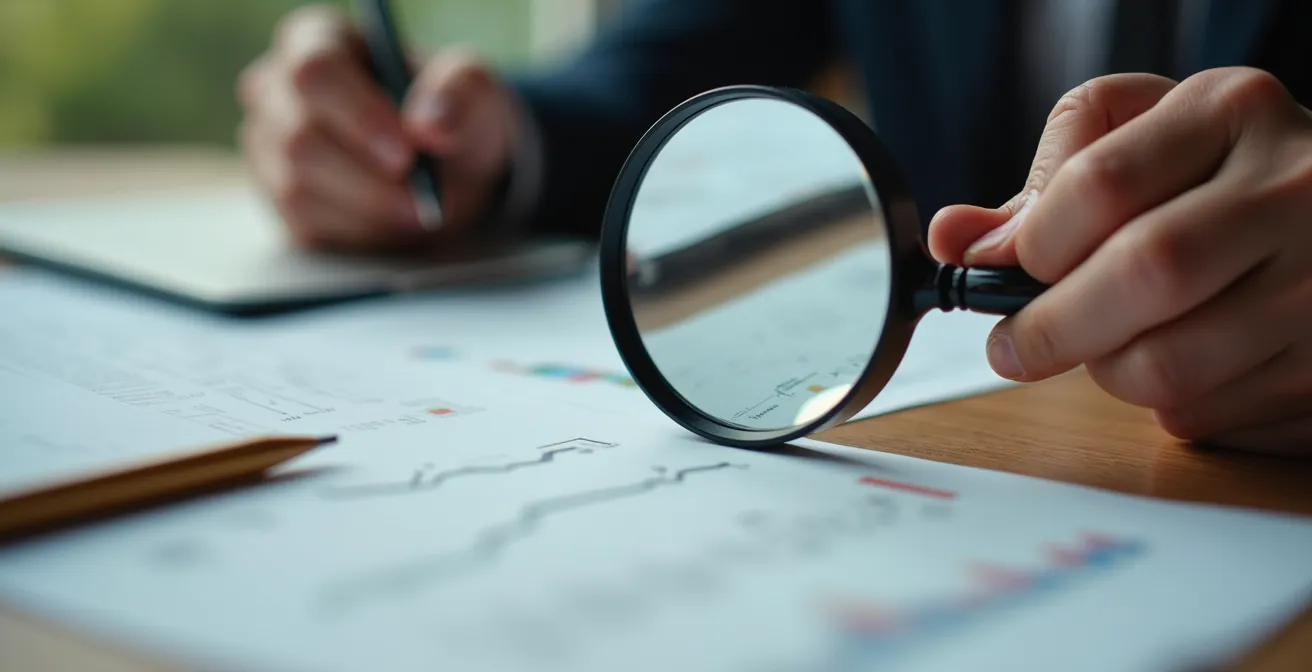 Eine Hand hält eine Lupe über unscharfen Dokumenten auf einem Holztisch, was die genaue Prüfung einer Nebenkostenabrechnung symbolisiert.
