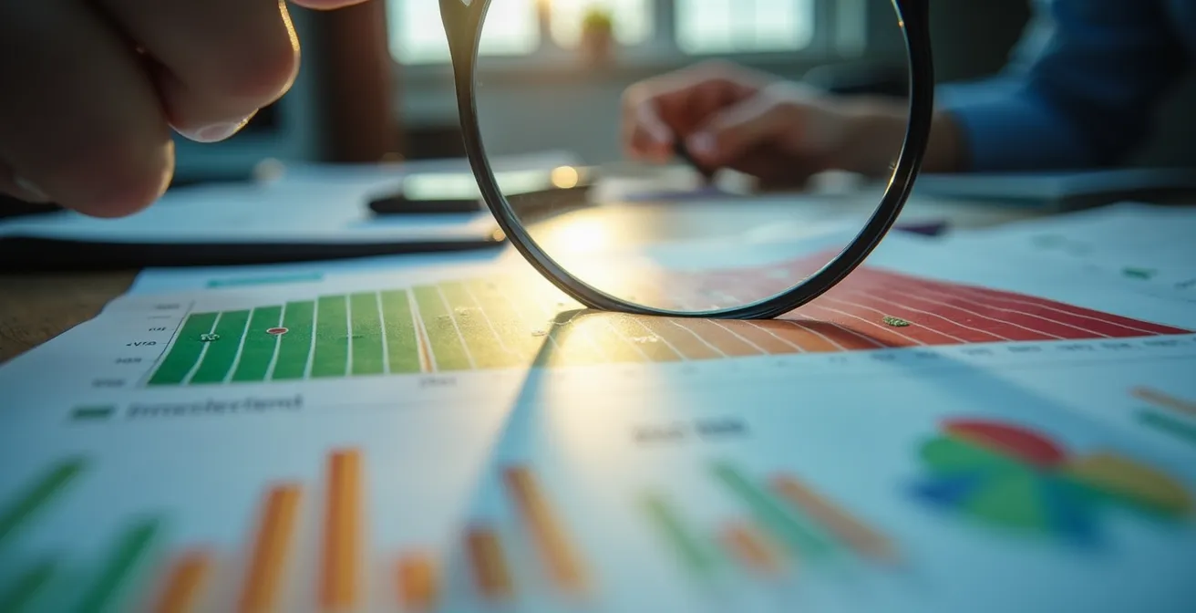 Makroaufnahme einer Lupe über abstrakten Bewertungsdiagrammen, die die Komplexität von ESG-Ratings symbolisiert