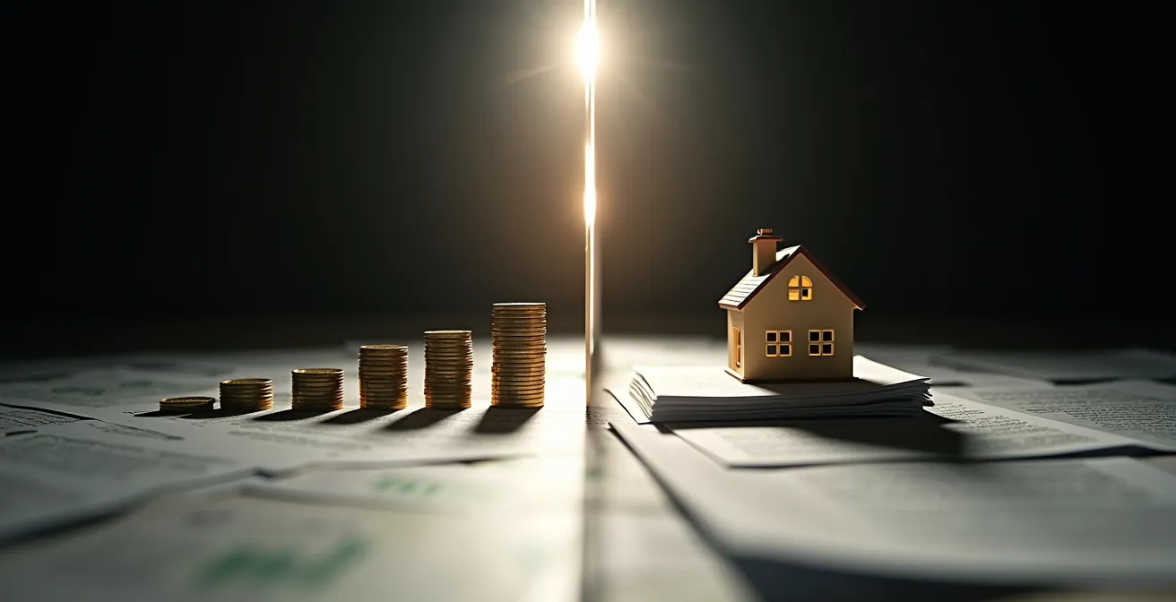 Geschäftsmann analysiert Finanzdiagramme mit Taschenrechner und Dokumenten auf modernem Schreibtisch