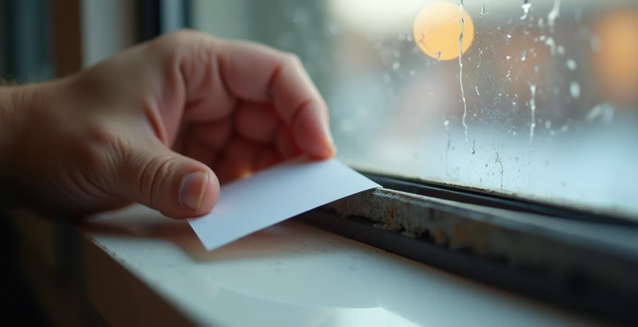 Nahaufnahme eines Papiertests zur Überprüfung der Dichtigkeit einer Fensterdichtung