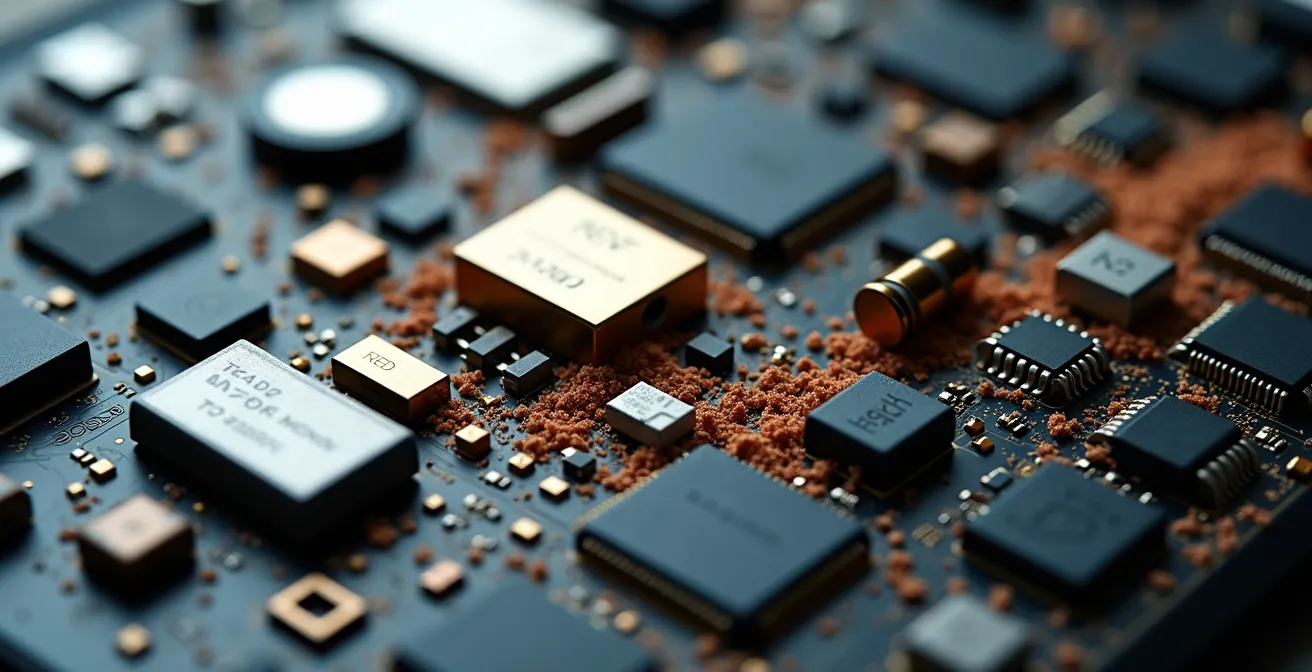 Makroaufnahme von Smartphone-Komponenten mit symbolischen Elementen der Ressourcengewinnung