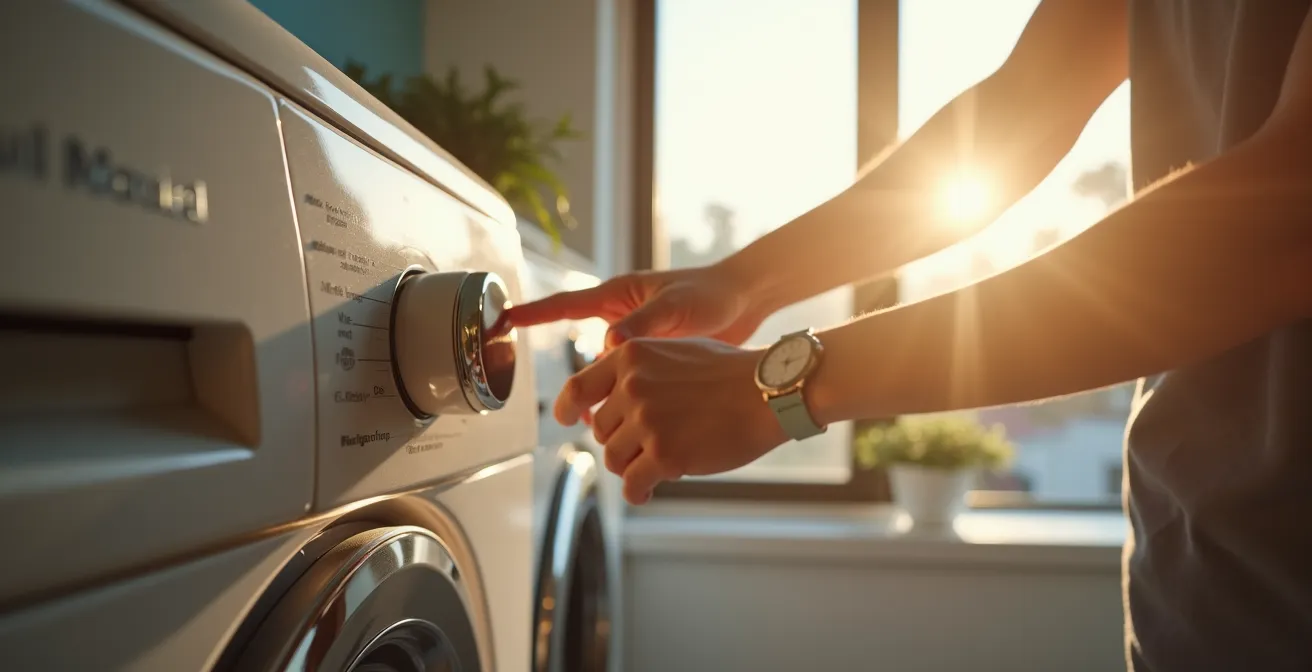 Sonnendurchfluteter Hauswirtschaftsraum mit laufender Waschmaschine zur Mittagszeit