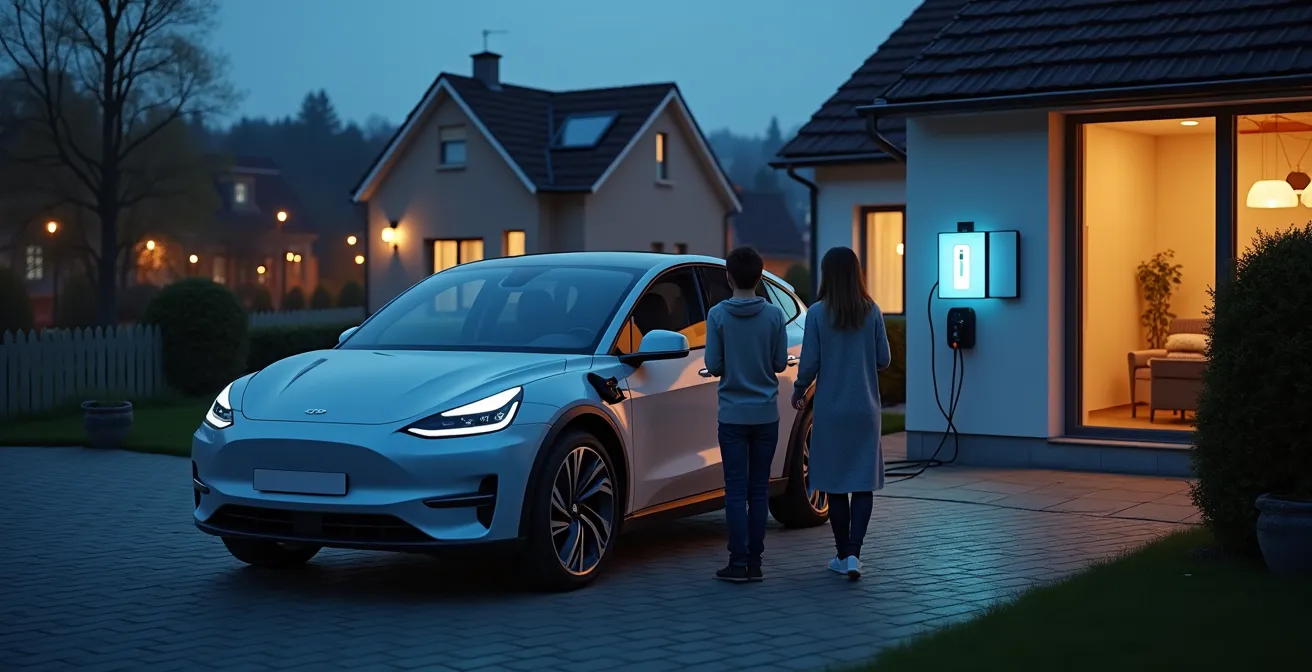 Futuristische Darstellung von bidirektional ladenden E-Autos als Teil des virtuellen Kraftwerks