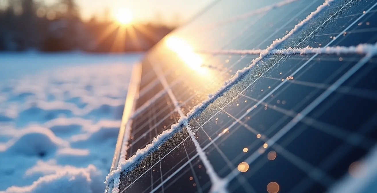 Vertikale Solarmodule an einer Hausfassade, die von der tiefstehenden Wintersonne beschienen werden, während Schnee am Boden liegt und das Licht reflektiert.