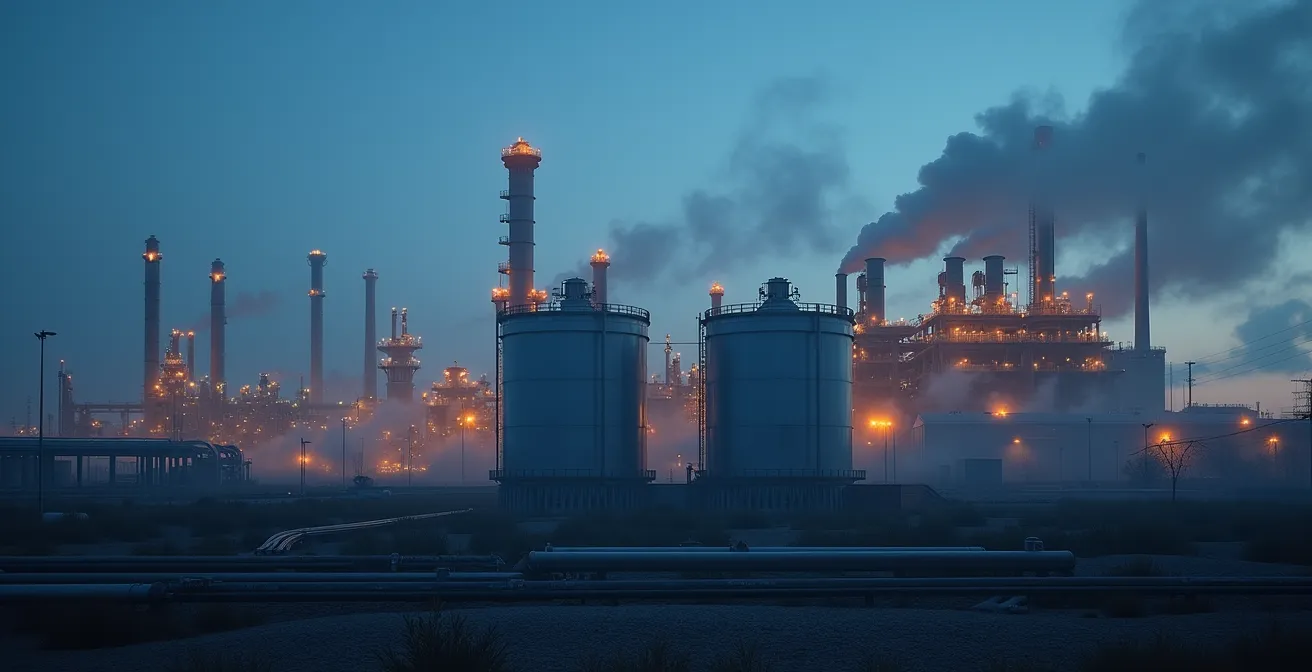 Futuristische Wasserstoff-Produktionsanlage in industrieller Umgebung