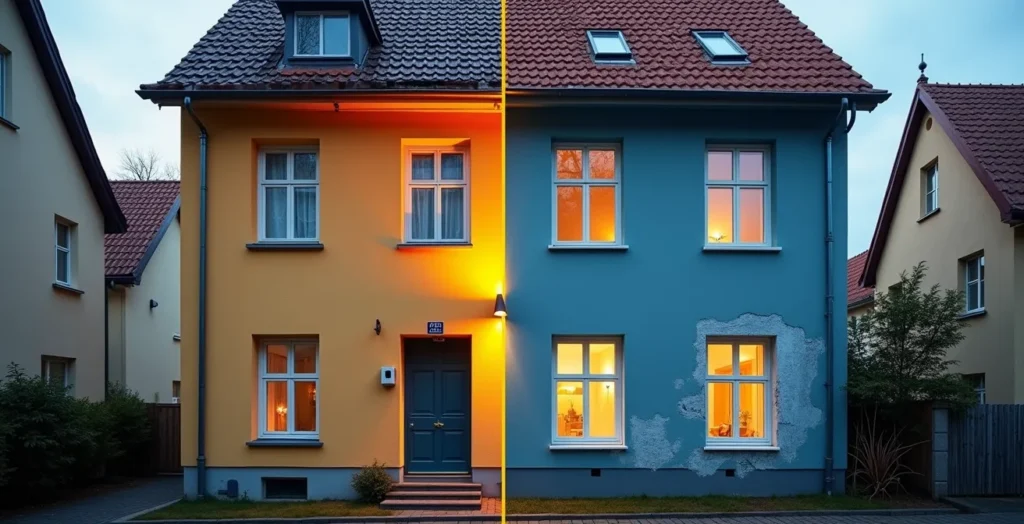 Geteiltes Bild eines Hauses vor und nach energetischer Sanierung Geteiltes Bild eines Hauses vor und nach energetischer Sanierung